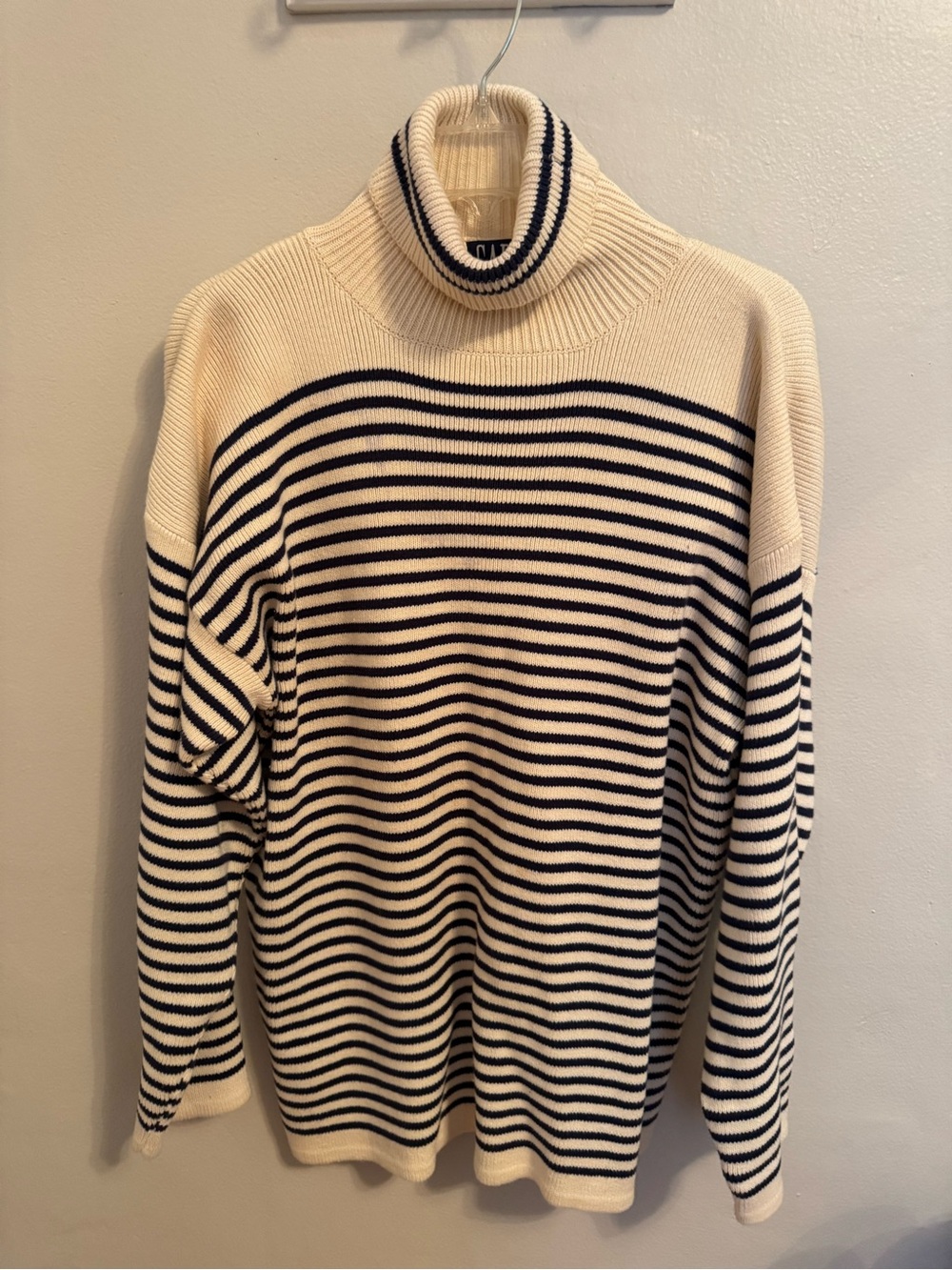 Vintage GAP 90s Y2K Navy Cream Striped Cotton Turtleneck Sweater Oversized Large